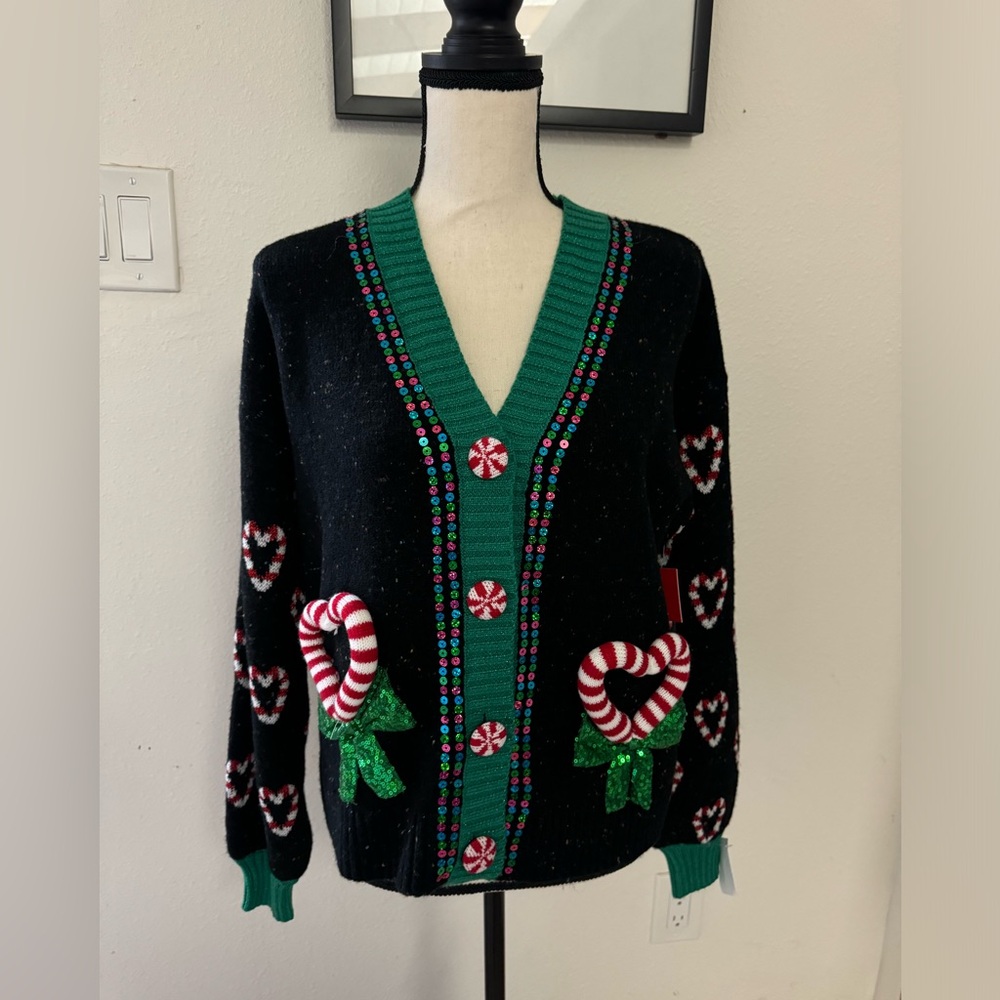Celebrate Together Christmas candy cane sparkly Christmas ugly sweater cardigan